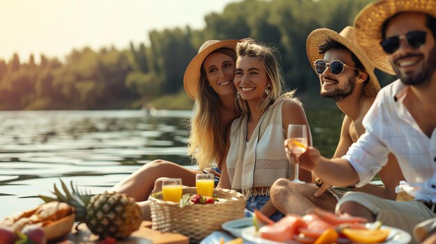 Quatre amis se détendent sur un bateau au milieu d'un lac. Ils portent tous des vêtements d'été décontractés et apprécient le temps chaud.