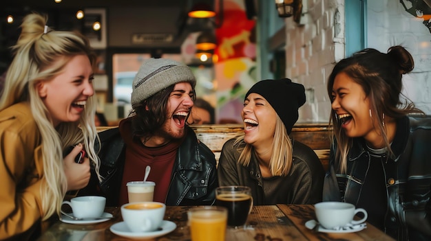 Photo quatre amis sont assis à une table dans un café en train de rire et de parler.