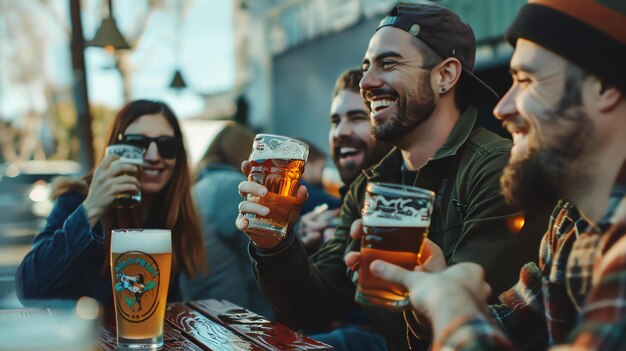 Quatre amis sont assis à une table devant un bar à boire de la bière et à rire.