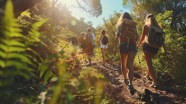 Photo quatre amis vont faire de la randonnée dans les montagnes ils portent tous des sacs à dos et des bâtons de randonnée le soleil brille à travers les arbres