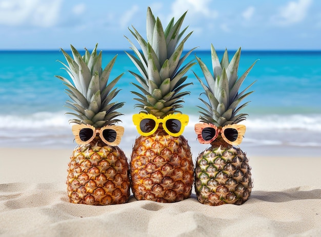 Quatre ananas portant des lunettes de soleil sur une plage