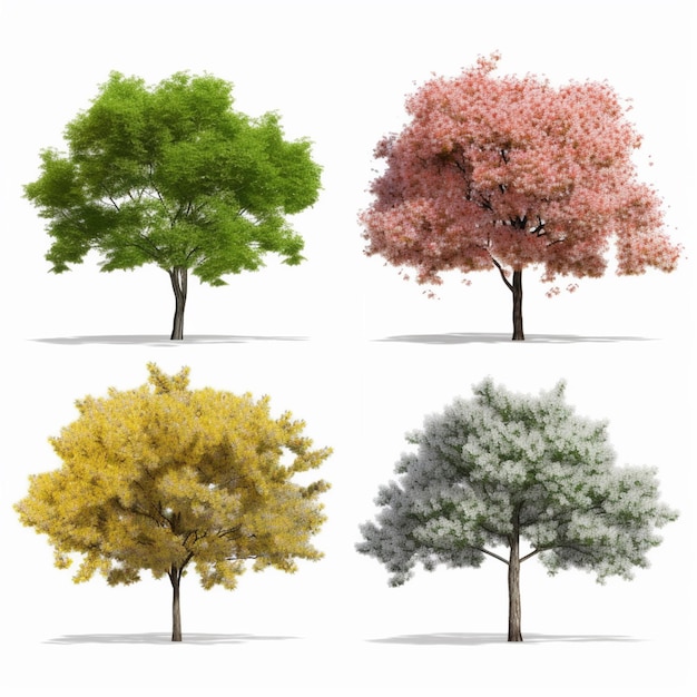 Quatre arbres de couleurs différentes sur un fond blanc avec des ombres génératives ai