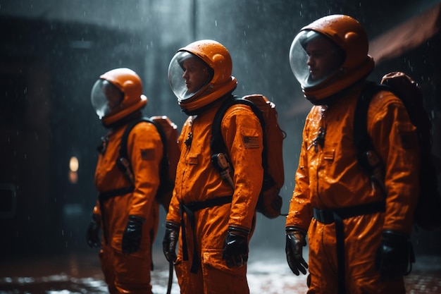 Quatre astronautes en costume orange se tiennent dans une scène sombre avec les mots spaceman sur le devant.