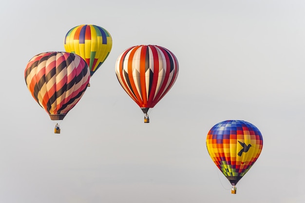 Quatre ballons de cheveux chauds colorés sur fond neutre.