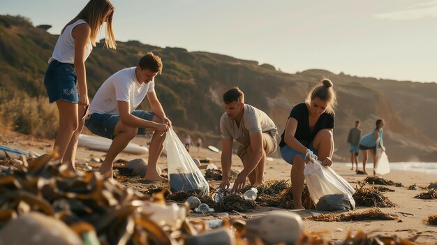 Quatre bénévoles maintiennent la plage propre. Ils ramassent des bouteilles en plastique et d'autres déchets du sable. Le soleil se couche en arrière-plan.