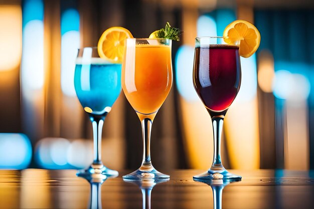 Photo quatre boissons de différentes couleurs sont disposées sur une table