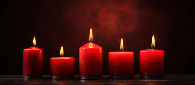 Quatre bougies rouges affichées sur un fond sombre avec suffisamment d'espace pour un panorama de bannière