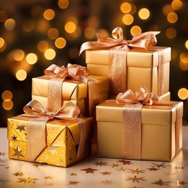 Quatre cadeaux emballés en or avec des rubans et des nœuds en or.