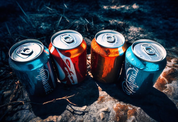 Les quatre canettes de soda sont représentées au sol