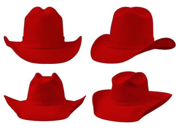 quatre chapeaux de cow-boy rouges sont montrés sur un fond blanc