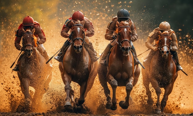 Quatre chevaux de course en compétition les uns avec les autres mouvement de vitesse sur la saleté cheval de vitesse