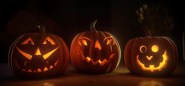 Quatre citrouilles avec les mots joyeux halloween dessus