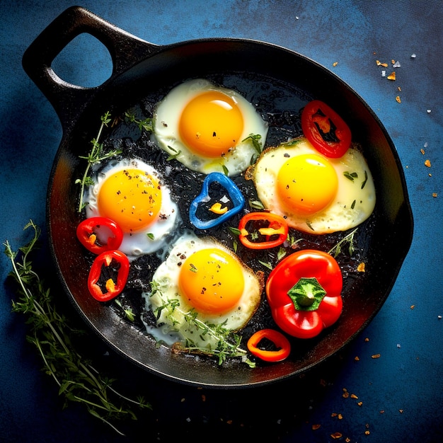 Quatre délicieuses omelettes sur une casserole noire