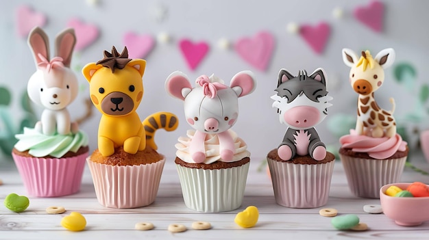 Quatre délicieux cupcakes décorés avec des dessus d'animaux adorables