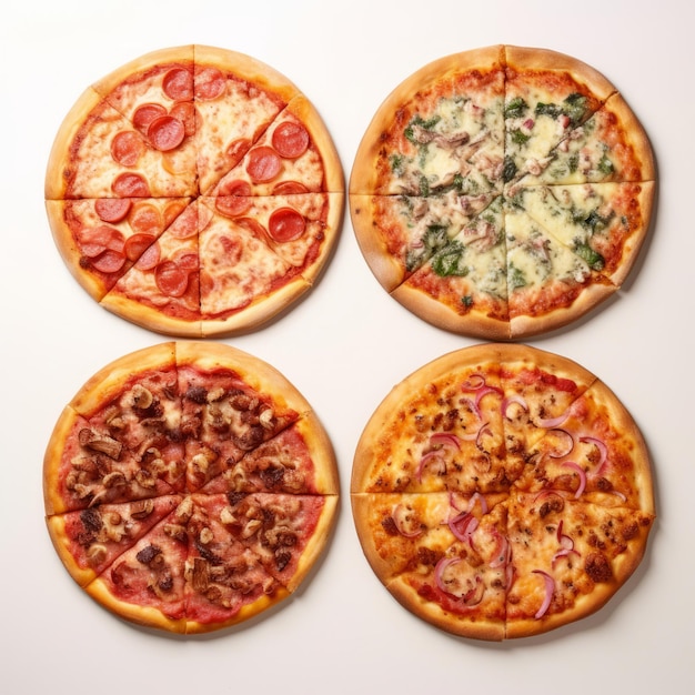 Quatre délicieux types de pizza sur une nappe blanche propre