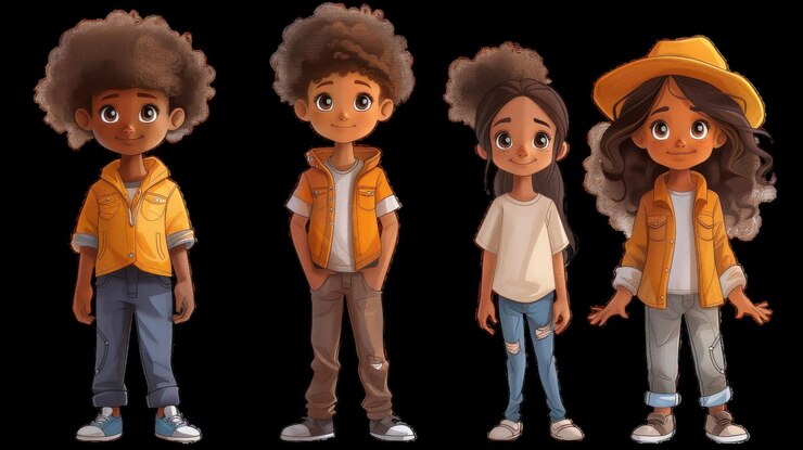 Photo quatre enfants animés avec des coiffures et des tenues diverses