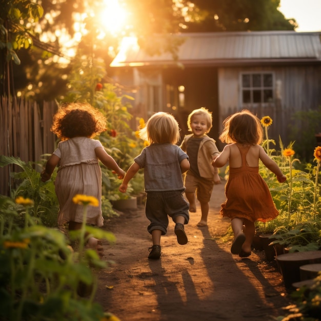 Quatre enfants qui courent dans un jardin.