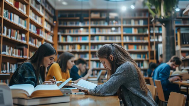 Photo quatre étudiants étudiant à la bibliothèque.