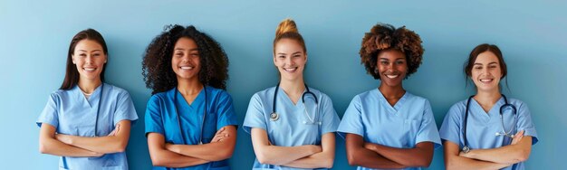 Quatre femmes en combinaison sont debout avec les bras croisés.