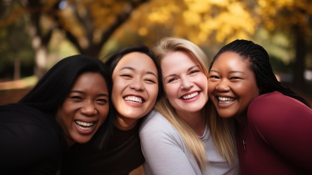 Quatre femmes souriantes dans le parc.