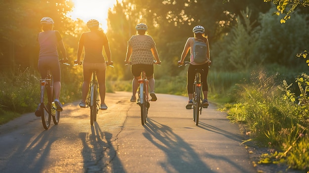 Quatre femmes à vélo sur un sentier pavé à travers un parc Le soleil se couche jetant une lueur chaude sur la scène