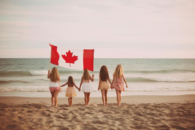 Quatre filles tenant un drapeau canadien sur une plage