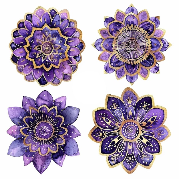 Quatre fleurs de mandala violettes avec des accents dorés les fleurs sont toutes de tailles et de formes différentes les fleures sont disposées d'une manière qui crée un sentiment d'harmonie et d'équilibre
