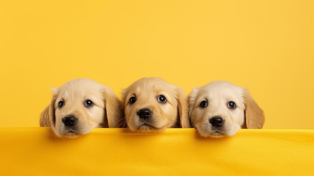 Quatre golden retrievers dans une boîte jaune