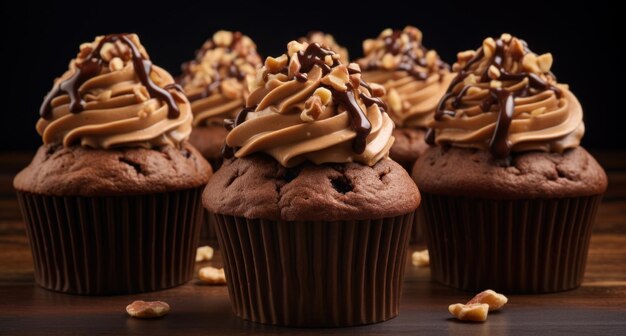 quatre grands cupcakes avec du chocolat et des noix