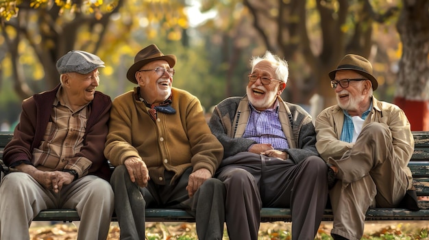 Quatre hommes âgés sont assis sur un banc de parc et rient ensemble.