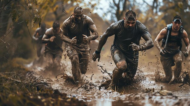 Photo quatre hommes couverts de boue s'affrontent dans une course d'obstacles