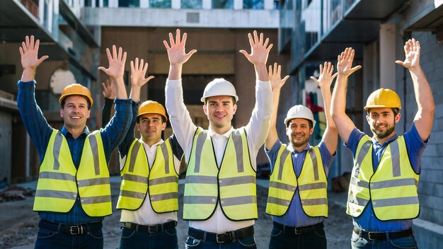 quatre hommes portant des gilets jaunes avec le mot ouvrier sur eux