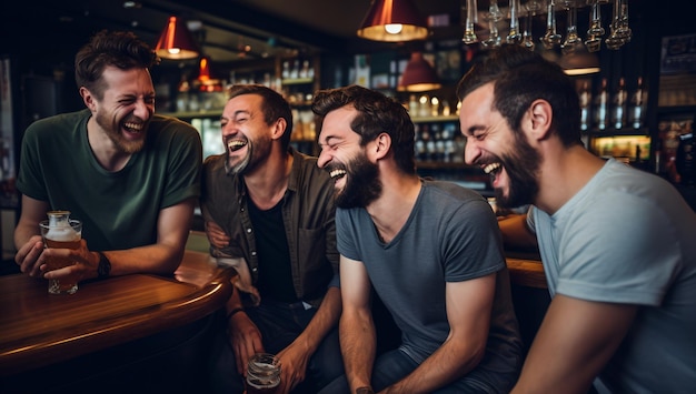 Quatre hommes rient dans un bar