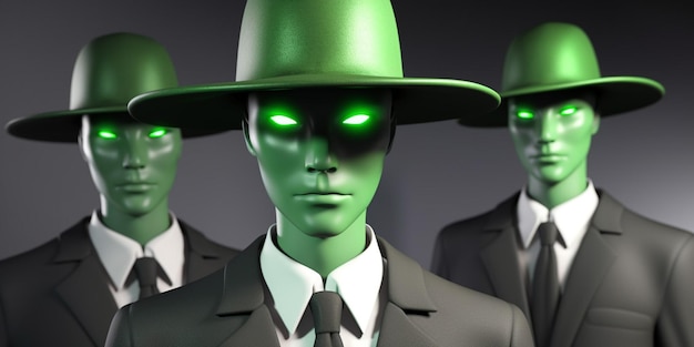 Photo quatre hommes verts avec des chapeaux verts et des chapeaux verts se tiennent devant un fond gris.