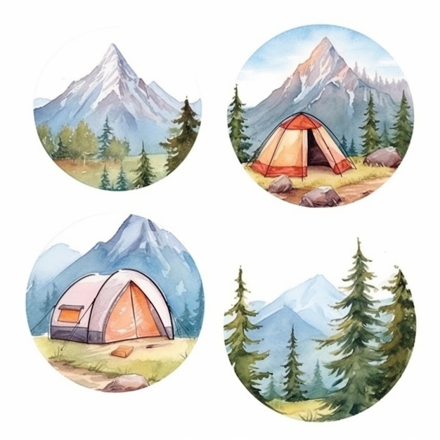 quatre illustrations à l'aquarelle d'une tente et de montagnes avec des arbres ai générative