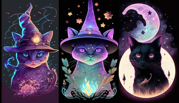 Quatre illustrations de chats avec la lune à gauche.