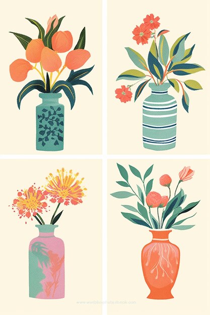 Photo quatre illustrations différentes de vases avec des fleurs à l'intérieur