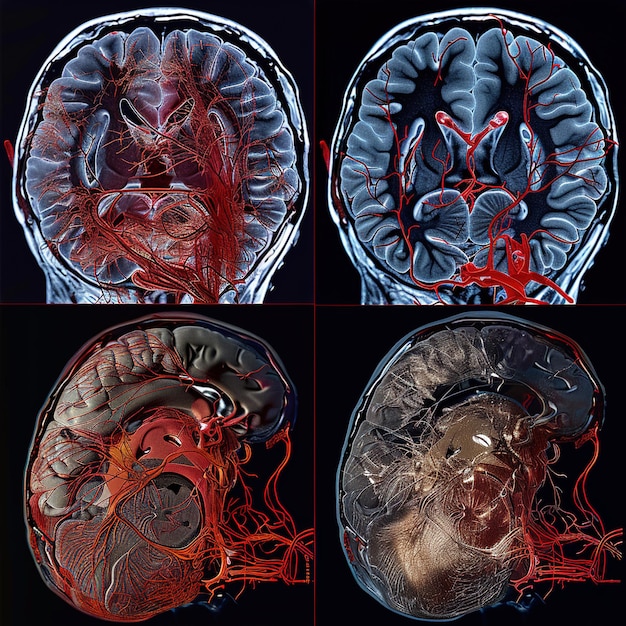 Photo quatre images d'un cerveau avec le cerveau étiqueté