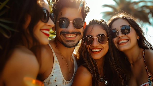 Quatre jeunes amies attrayantes, deux femmes et deux hommes posent pour une photo, ils sont tous souriants et portent des lunettes de soleil.