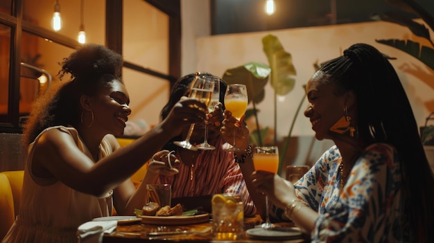 Quatre jeunes amies se rencontrent pour boire et manger, font un toast dans un restaurant.