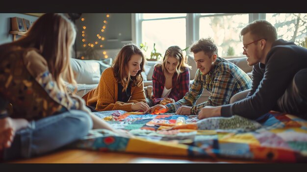 Quatre jeunes amis sont assis sur le sol dans un salon à jouer à un jeu de société Ils sont tous souriants et s'amusent