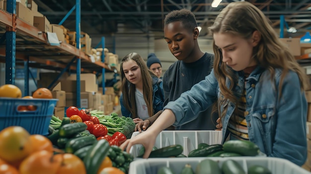 Photo quatre jeunes bénévoles trient une grande pile de produits frais dans une banque alimentaire locale.