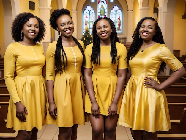 Quatre jeunes femmes joyeuses vêtues de robes jaunes assorties posant dans le couloir de l'église AI