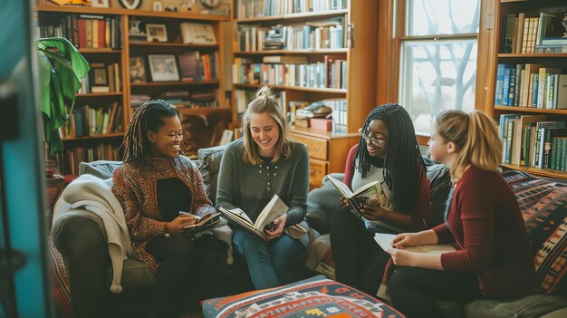 Photo quatre jeunes femmes sont assises sur un canapé dans une bibliothèque en train de lire des livres et de parler.