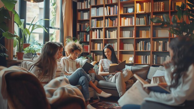 Quatre jeunes femmes sont assises dans un salon confortable à lire des livres.