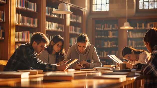 Quatre jeunes gens qui étudient ensemble dans une bibliothèque ils sont tous assis à une table et lisent des livres il y a des étagères autour d'eux