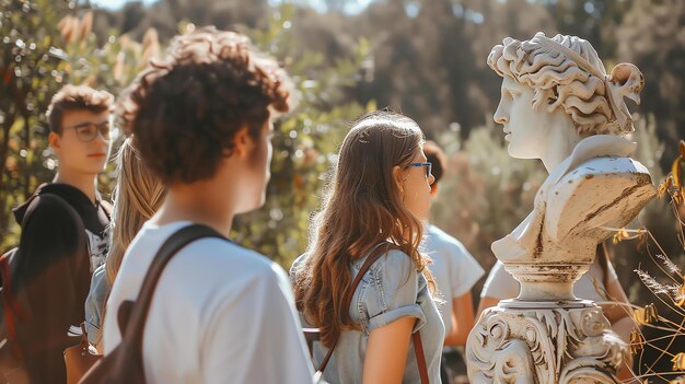 Photo quatre jeunes gens regardent une statue dans un parc.