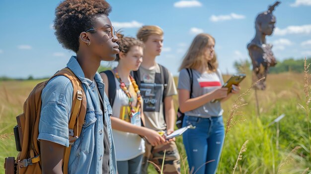 Photo quatre jeunes gens se tiennent dans un champ d'herbe haute ils portent tous des vêtements décontractés et portent des sacs à dos