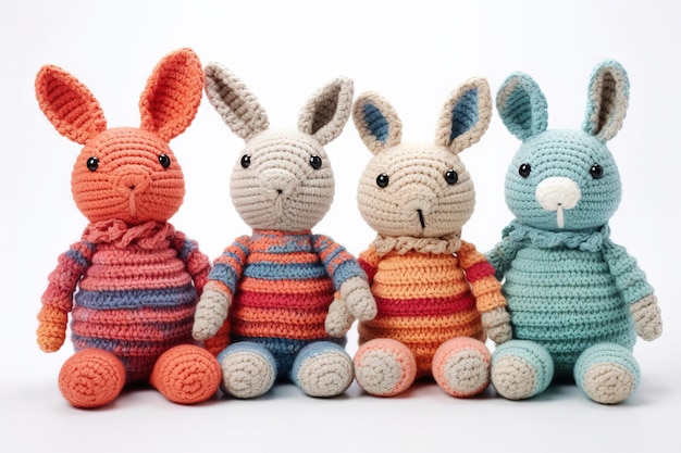 Quatre lapins au crochet avec un fond de studio blanc