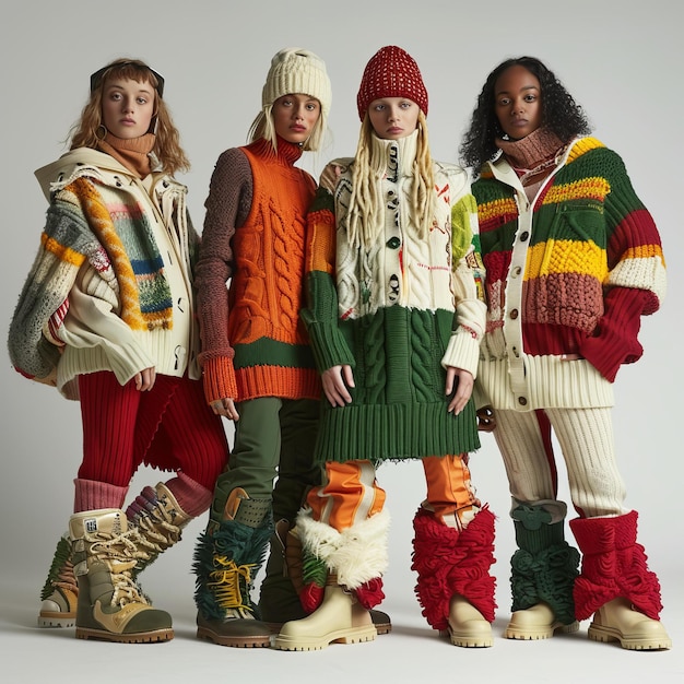Photo quatre mannequins portant des pulls et des pantalons tricotés à la main colorés